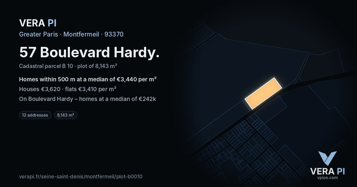 57 Boulevard Hardy, Montfermeil at night – the plot lit, the parcels around coloured by the prices near them