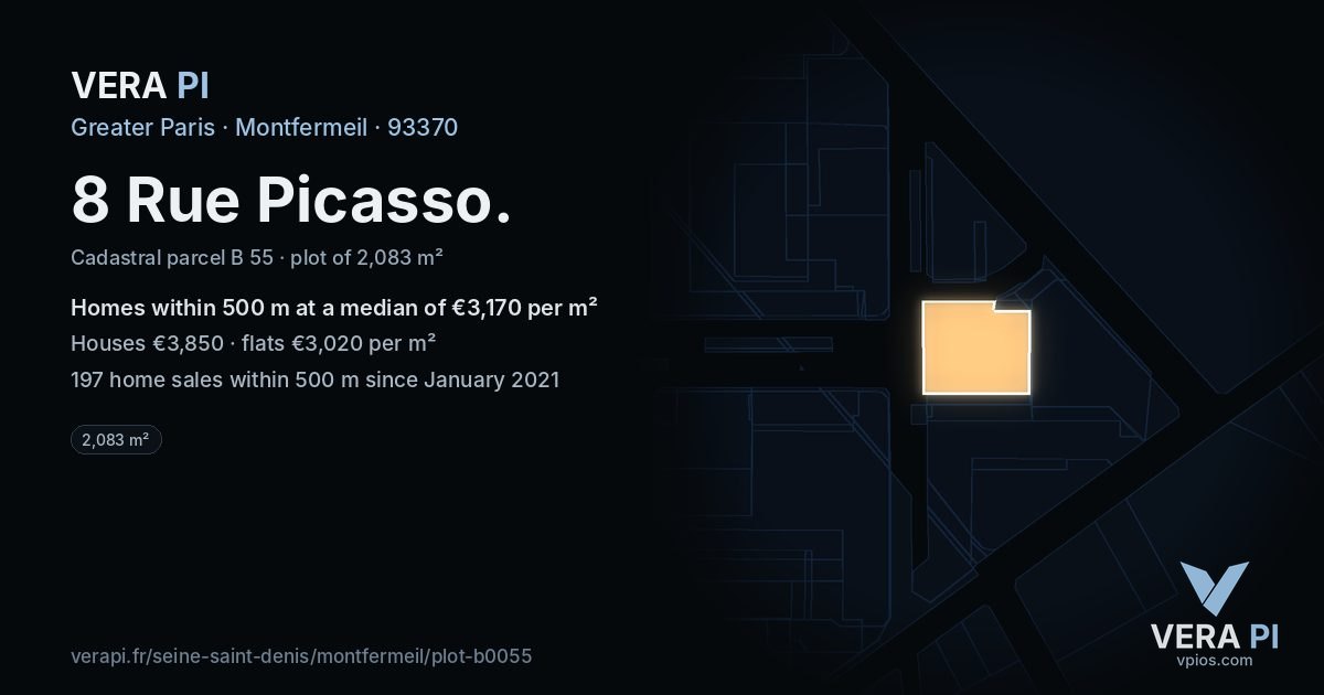 8 Rue Picasso, Montfermeil at night – the plot lit, the parcels around coloured by the prices near them