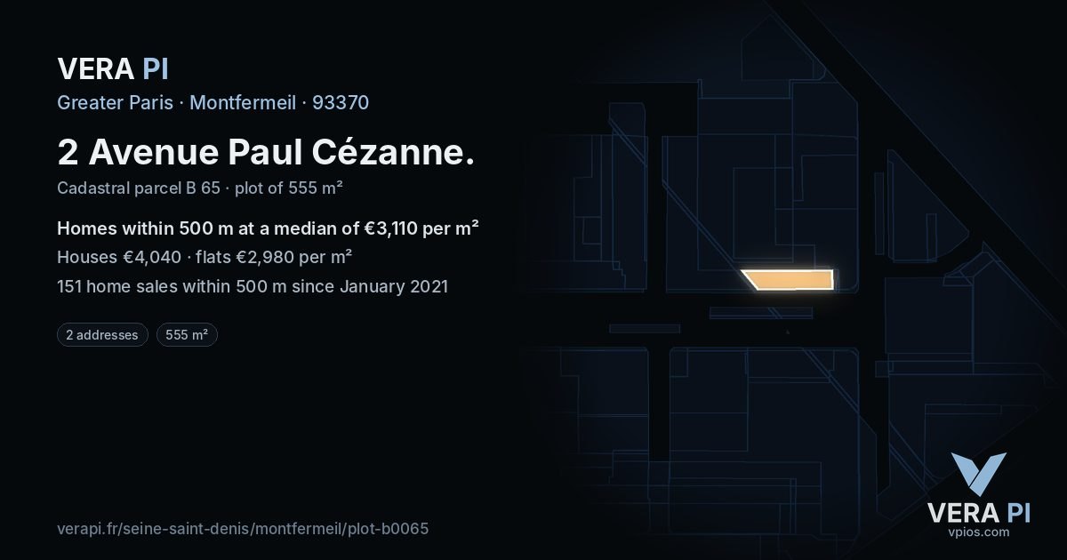 2 Avenue Paul Cézanne, Montfermeil at night – the plot lit, the parcels around coloured by the prices near them