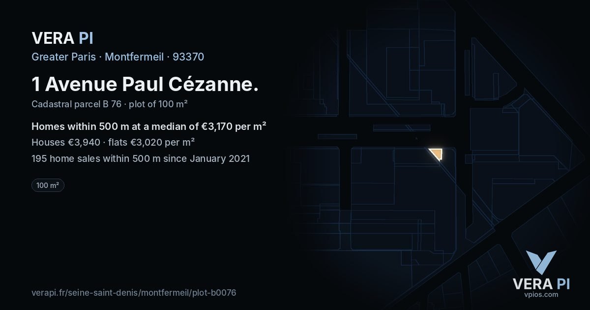 1 Avenue Paul Cézanne, Montfermeil at night – the plot lit, the parcels around coloured by the prices near them