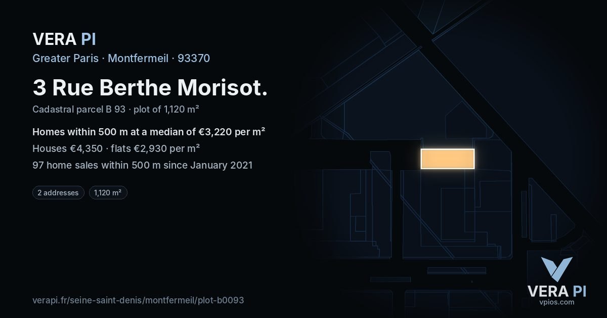 3 Rue Berthe Morisot, Montfermeil at night – the plot lit, the parcels around coloured by the prices near them