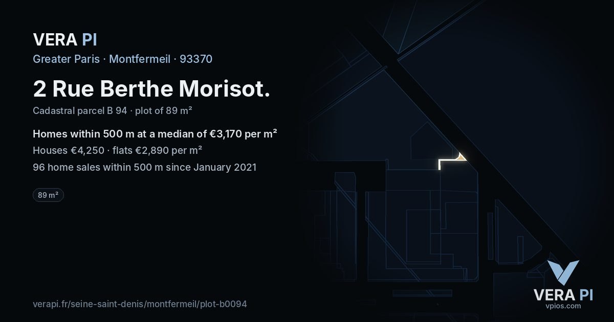 2 Rue Berthe Morisot, Montfermeil at night – the plot lit, the parcels around coloured by the prices near them