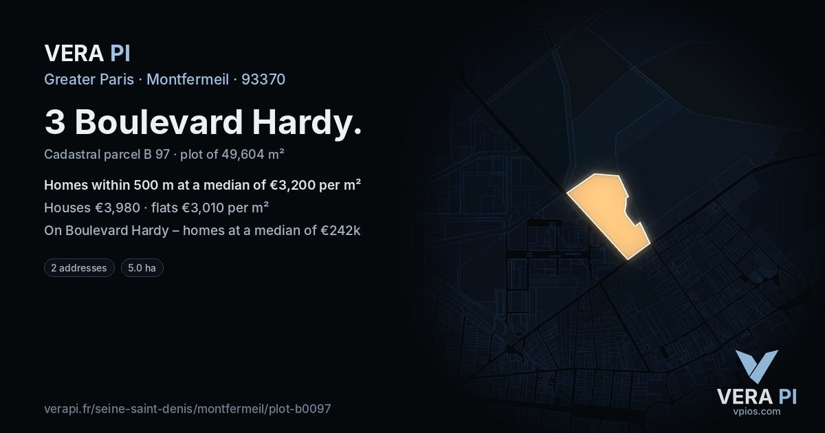 3 Boulevard Hardy, Montfermeil at night – the plot lit, the parcels around coloured by the prices near them