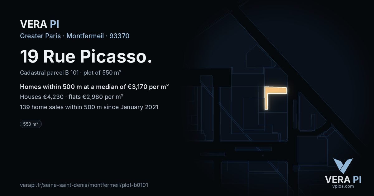 19 Rue Picasso, Montfermeil at night – the plot lit, the parcels around coloured by the prices near them