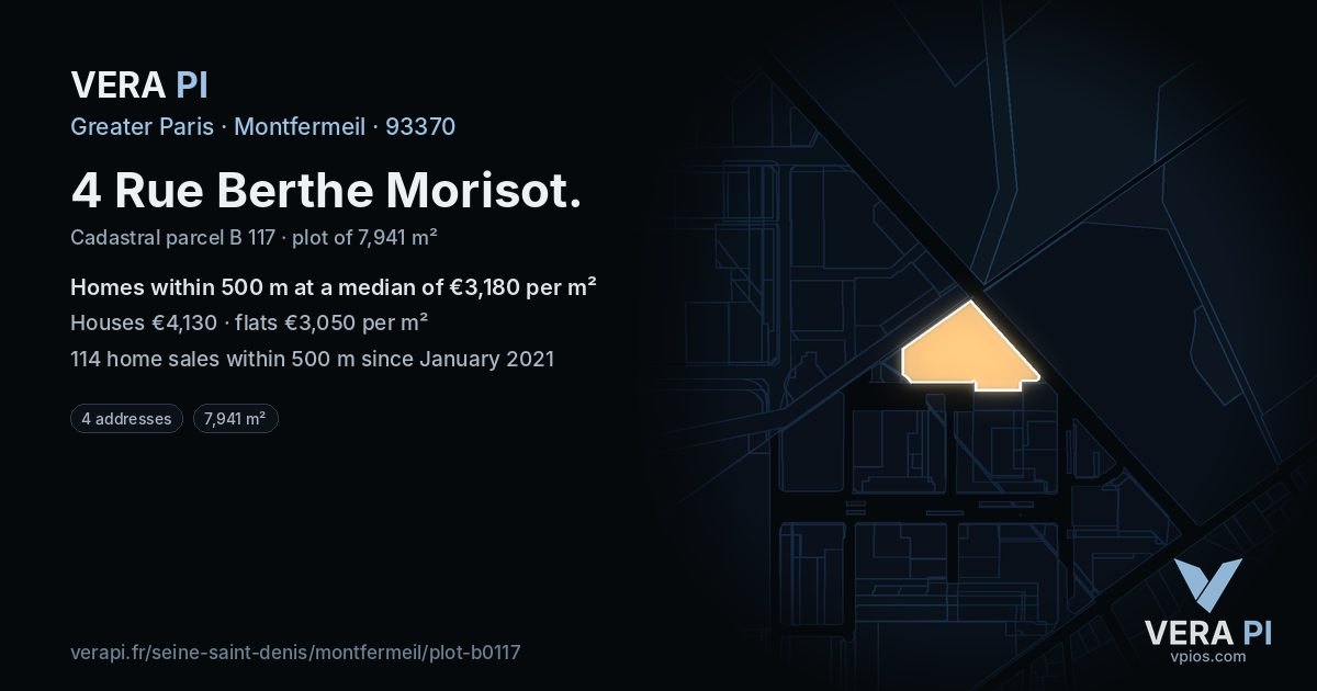 4 Rue Berthe Morisot, Montfermeil at night – the plot lit, the parcels around coloured by the prices near them