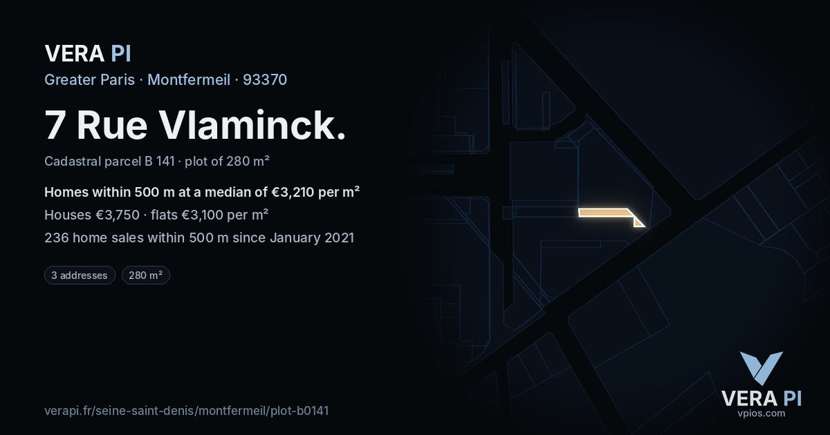 7 Rue Vlaminck, Montfermeil at night – the plot lit, the parcels around coloured by the prices near them