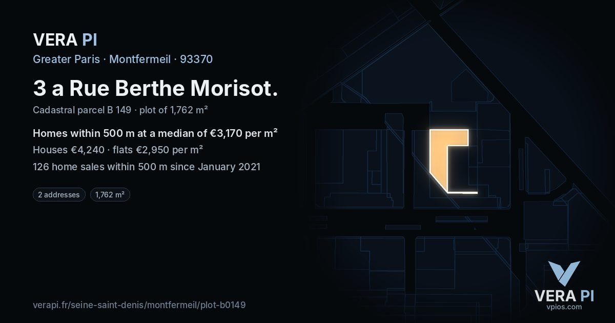 3 a Rue Berthe Morisot, Montfermeil at night – the plot lit, the parcels around coloured by the prices near them