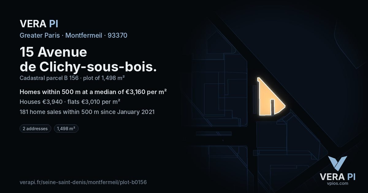 15 Avenue de Clichy-sous-bois, Montfermeil at night – the plot lit, the parcels around coloured by the prices near them