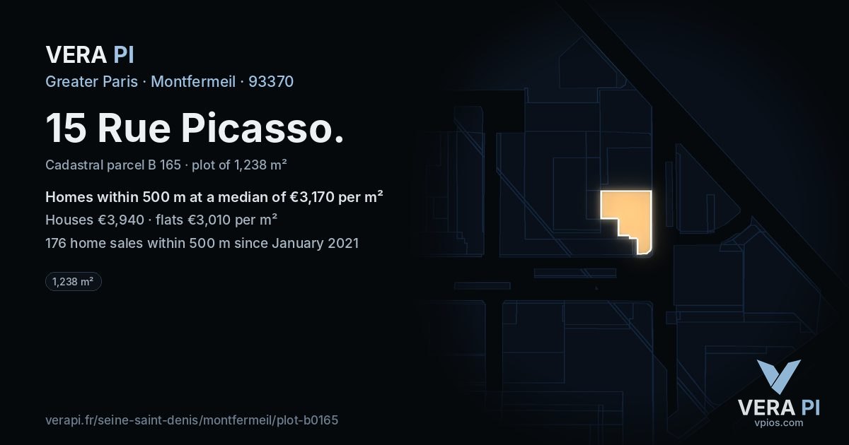 15 Rue Picasso, Montfermeil at night – the plot lit, the parcels around coloured by the prices near them
