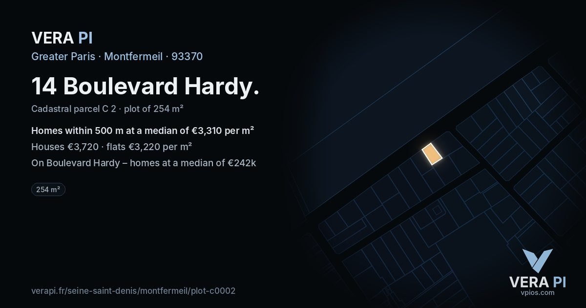 14 Boulevard Hardy, Montfermeil at night – the plot lit, the parcels around coloured by the prices near them