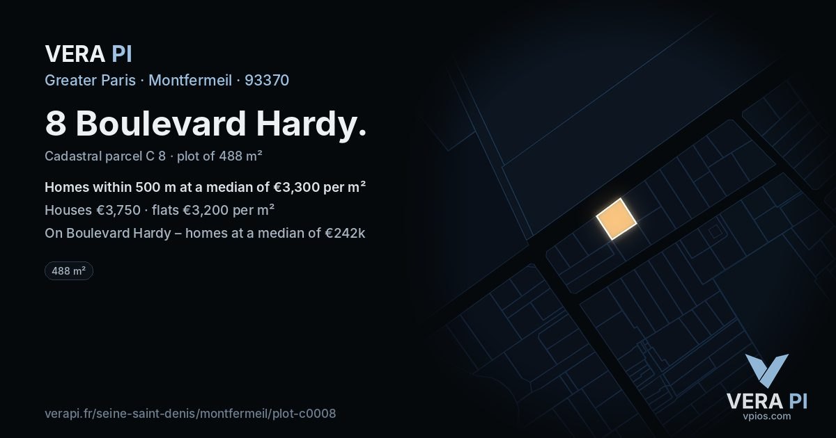 8 Boulevard Hardy, Montfermeil at night – the plot lit, the parcels around coloured by the prices near them
