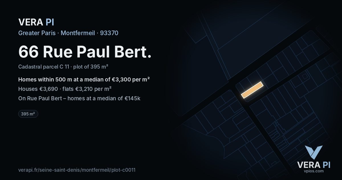 66 Rue Paul Bert, Montfermeil at night – the plot lit, the parcels around coloured by the prices near them