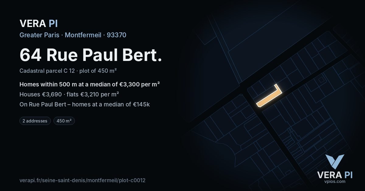 64 Rue Paul Bert, Montfermeil at night – the plot lit, the parcels around coloured by the prices near them