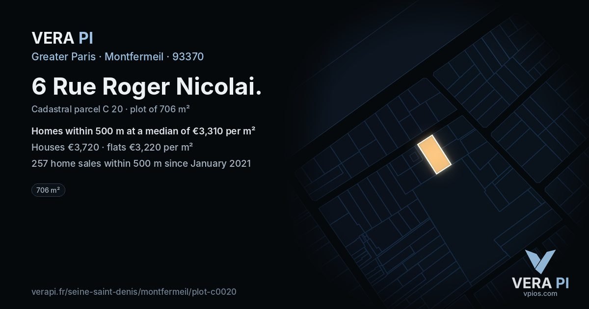 6 Rue Roger Nicolai, Montfermeil at night – the plot lit, the parcels around coloured by the prices near them