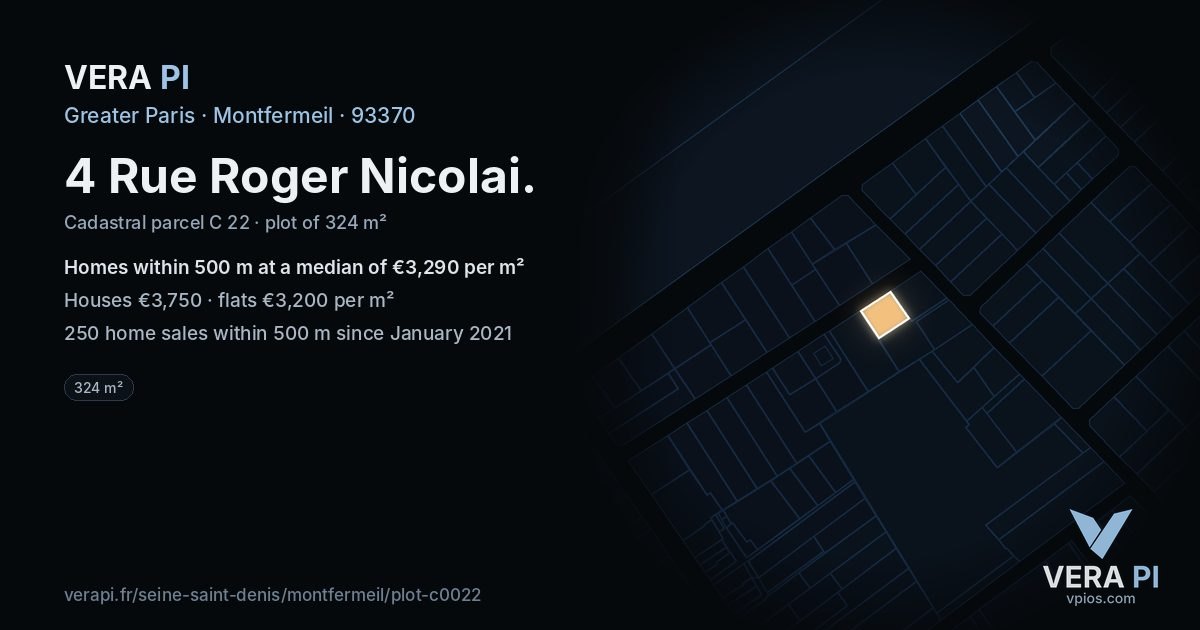 4 Rue Roger Nicolai, Montfermeil at night – the plot lit, the parcels around coloured by the prices near them