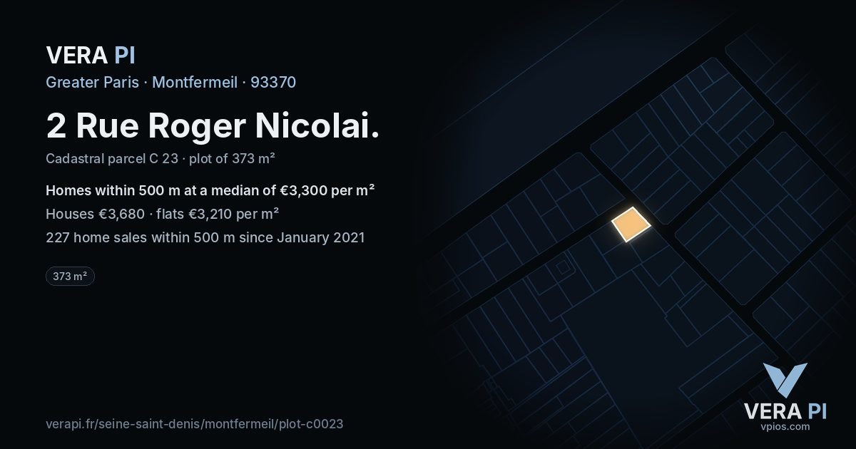 2 Rue Roger Nicolai, Montfermeil at night – the plot lit, the parcels around coloured by the prices near them