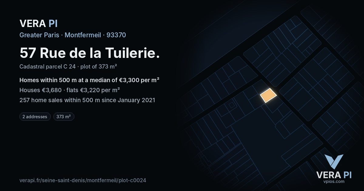 57 Rue de la Tuilerie, Montfermeil at night – the plot lit, the parcels around coloured by the prices near them