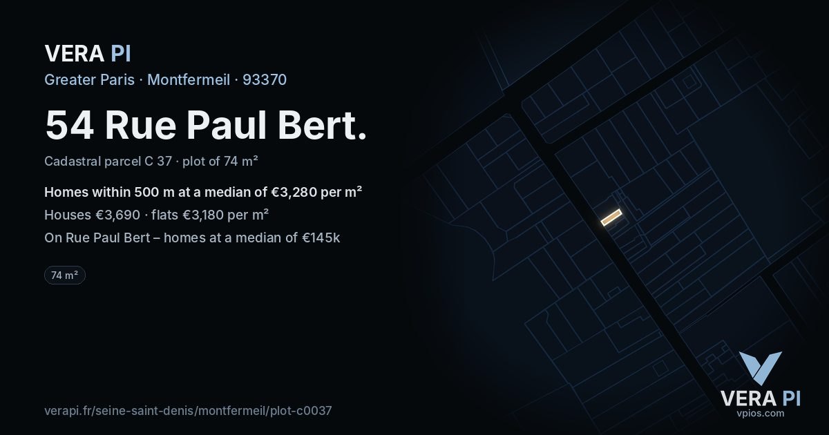 54 Rue Paul Bert, Montfermeil at night – the plot lit, the parcels around coloured by the prices near them