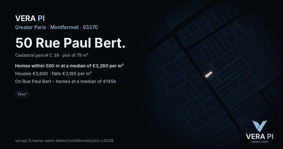50 Rue Paul Bert, Montfermeil at night – the plot lit, the parcels around coloured by the prices near them
