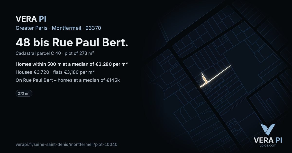 48 bis Rue Paul Bert, Montfermeil at night – the plot lit, the parcels around coloured by the prices near them