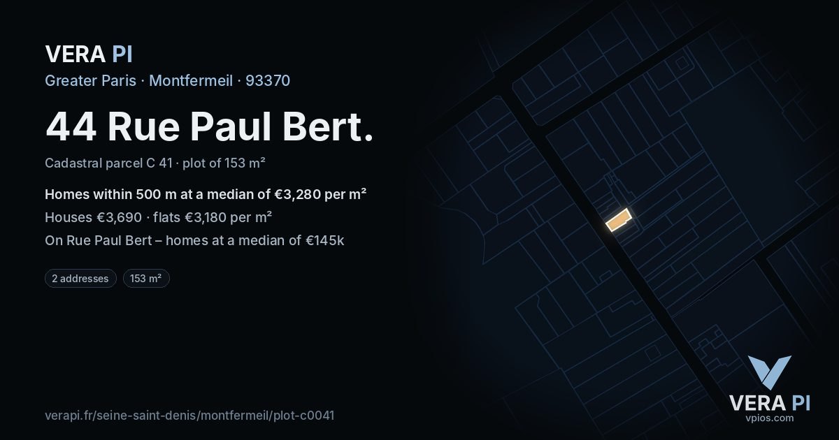 44 Rue Paul Bert, Montfermeil at night – the plot lit, the parcels around coloured by the prices near them