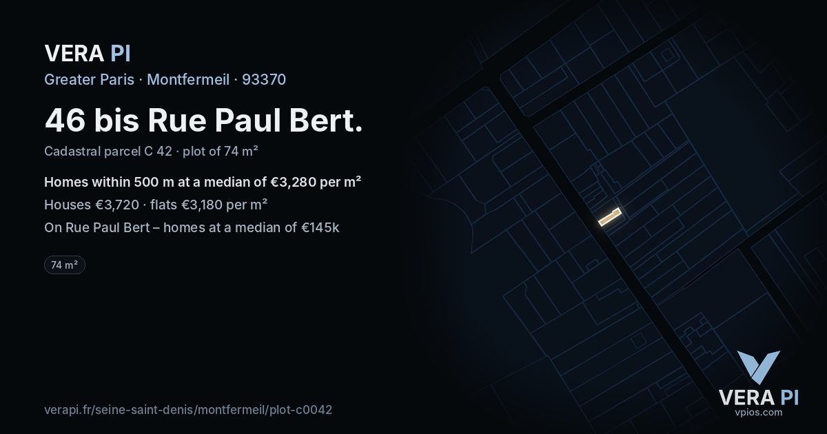 46 bis Rue Paul Bert, Montfermeil at night – the plot lit, the parcels around coloured by the prices near them