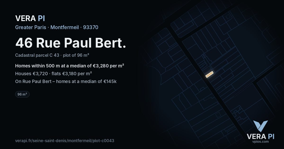 46 Rue Paul Bert, Montfermeil at night – the plot lit, the parcels around coloured by the prices near them