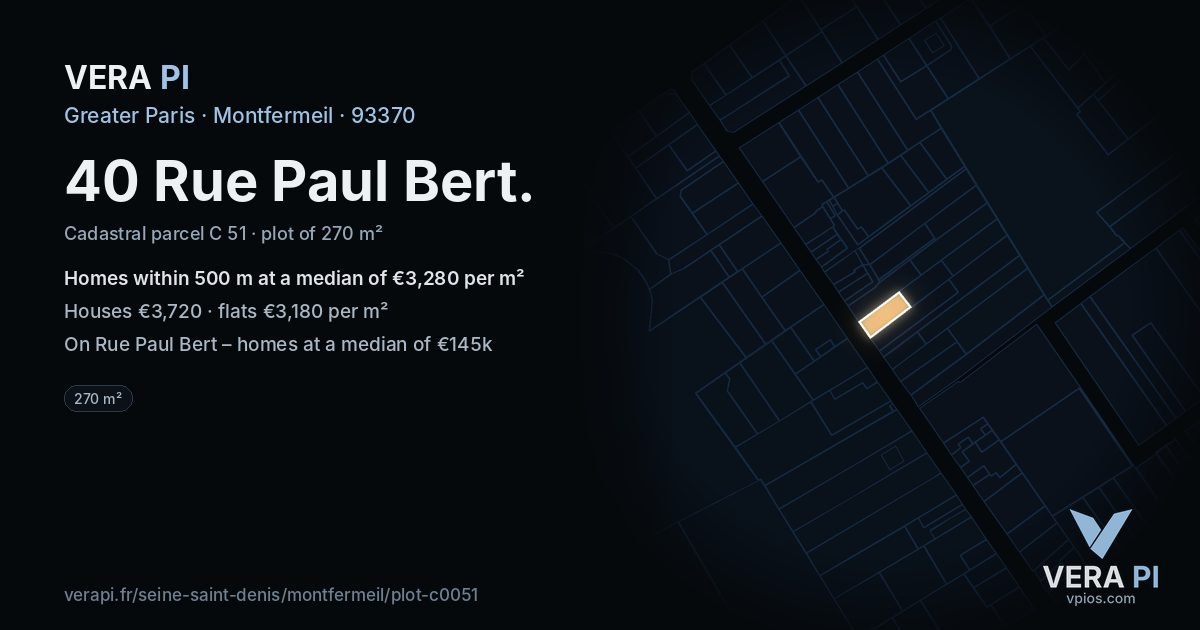 40 Rue Paul Bert, Montfermeil at night – the plot lit, the parcels around coloured by the prices near them