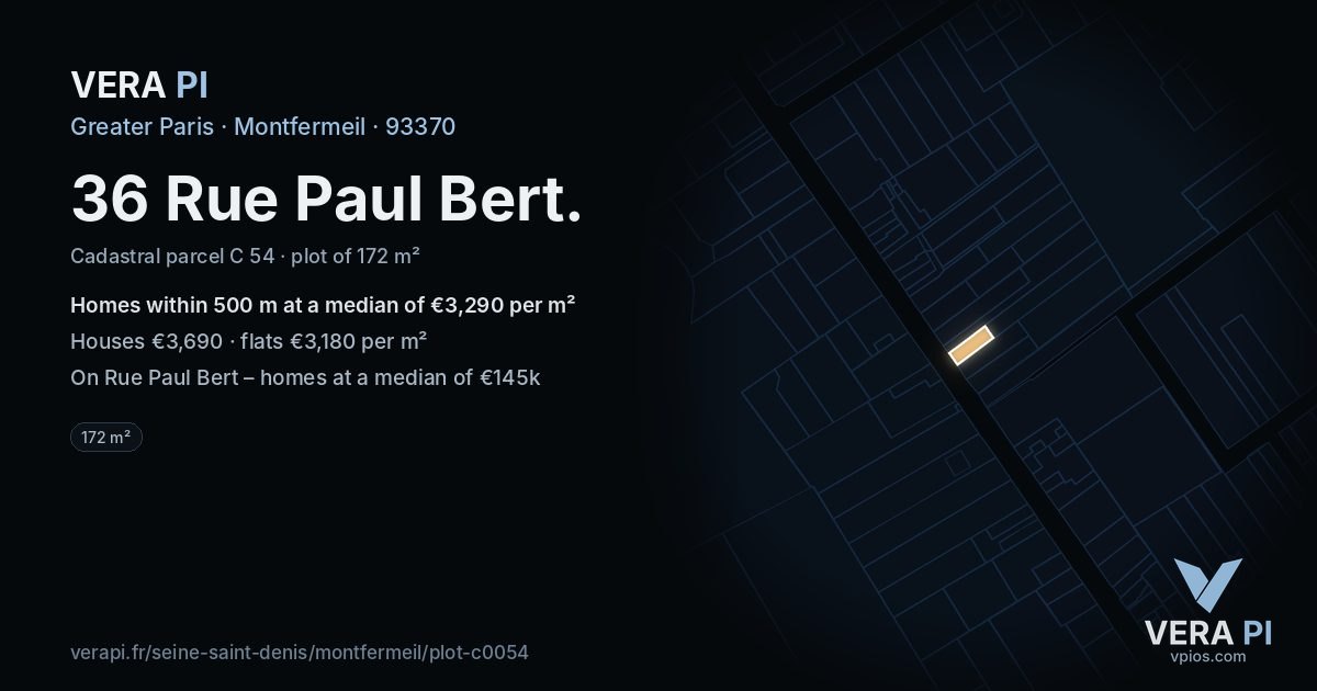36 Rue Paul Bert, Montfermeil at night – the plot lit, the parcels around coloured by the prices near them
