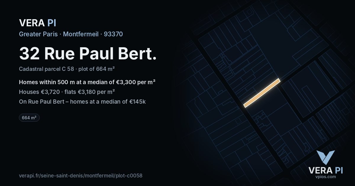 32 Rue Paul Bert, Montfermeil at night – the plot lit, the parcels around coloured by the prices near them