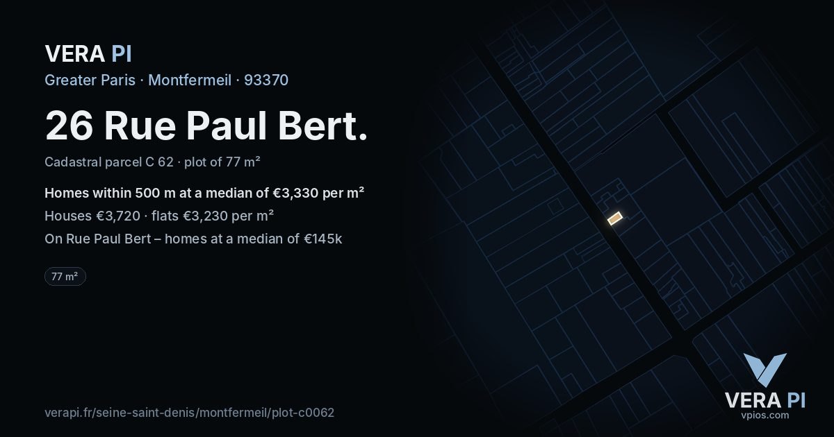 26 Rue Paul Bert, Montfermeil at night – the plot lit, the parcels around coloured by the prices near them