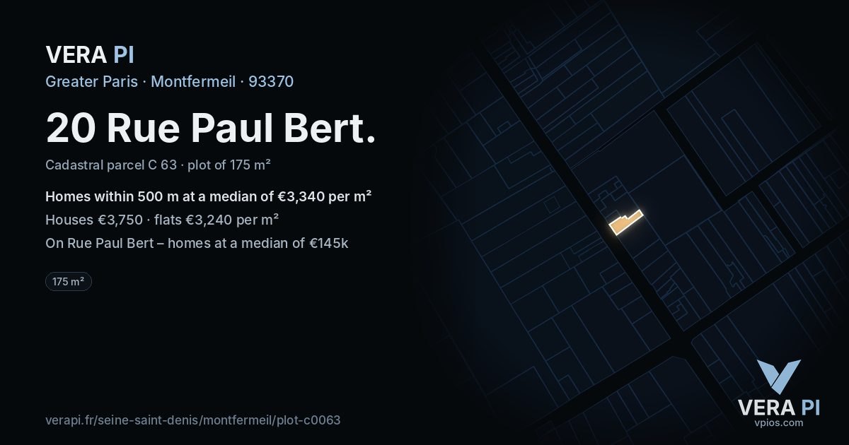 20 Rue Paul Bert, Montfermeil at night – the plot lit, the parcels around coloured by the prices near them