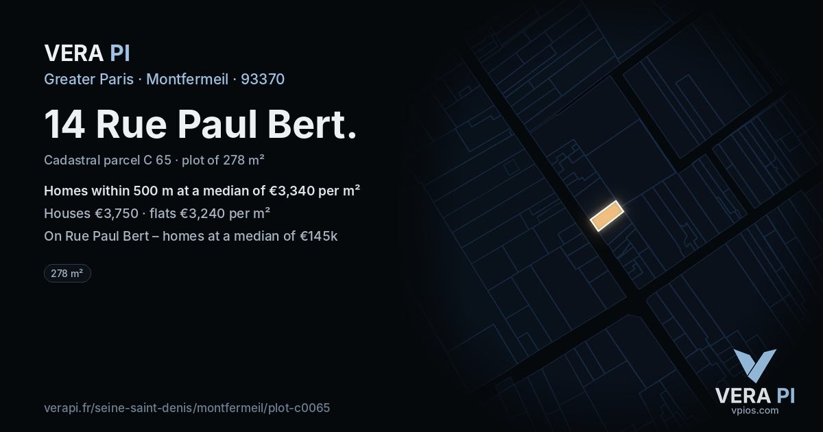 14 Rue Paul Bert, Montfermeil at night – the plot lit, the parcels around coloured by the prices near them