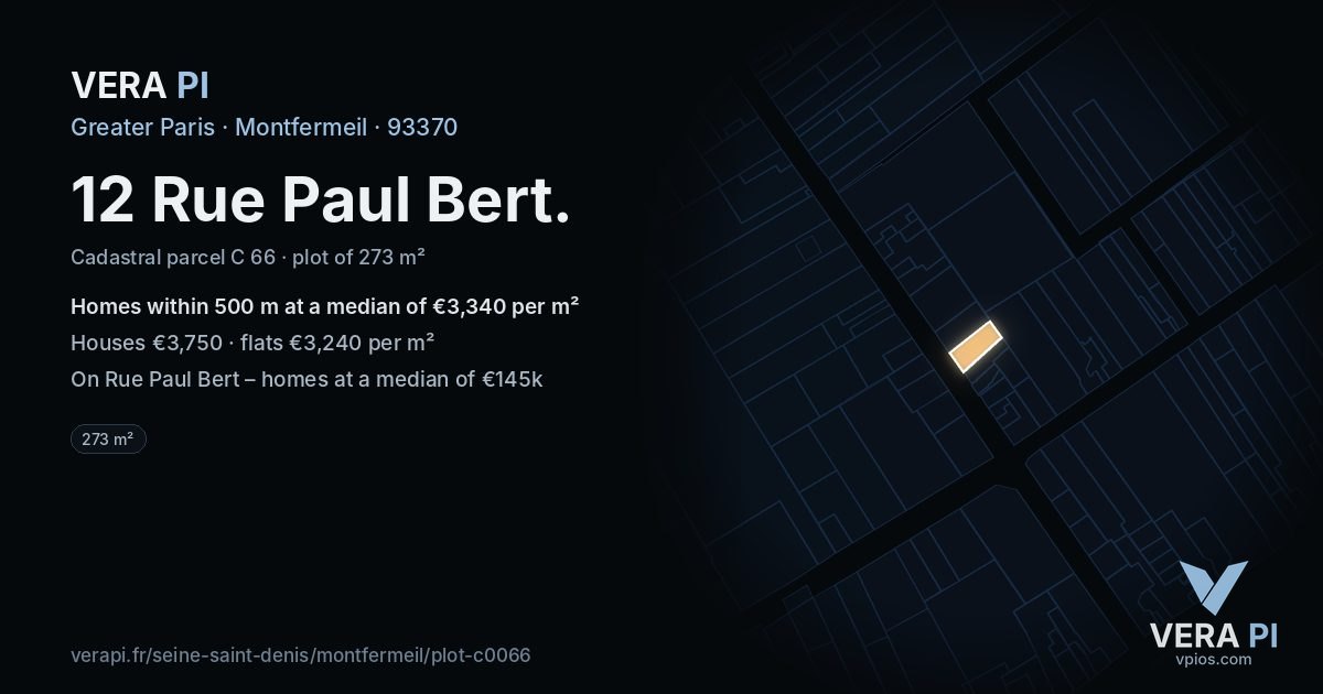 12 Rue Paul Bert, Montfermeil at night – the plot lit, the parcels around coloured by the prices near them