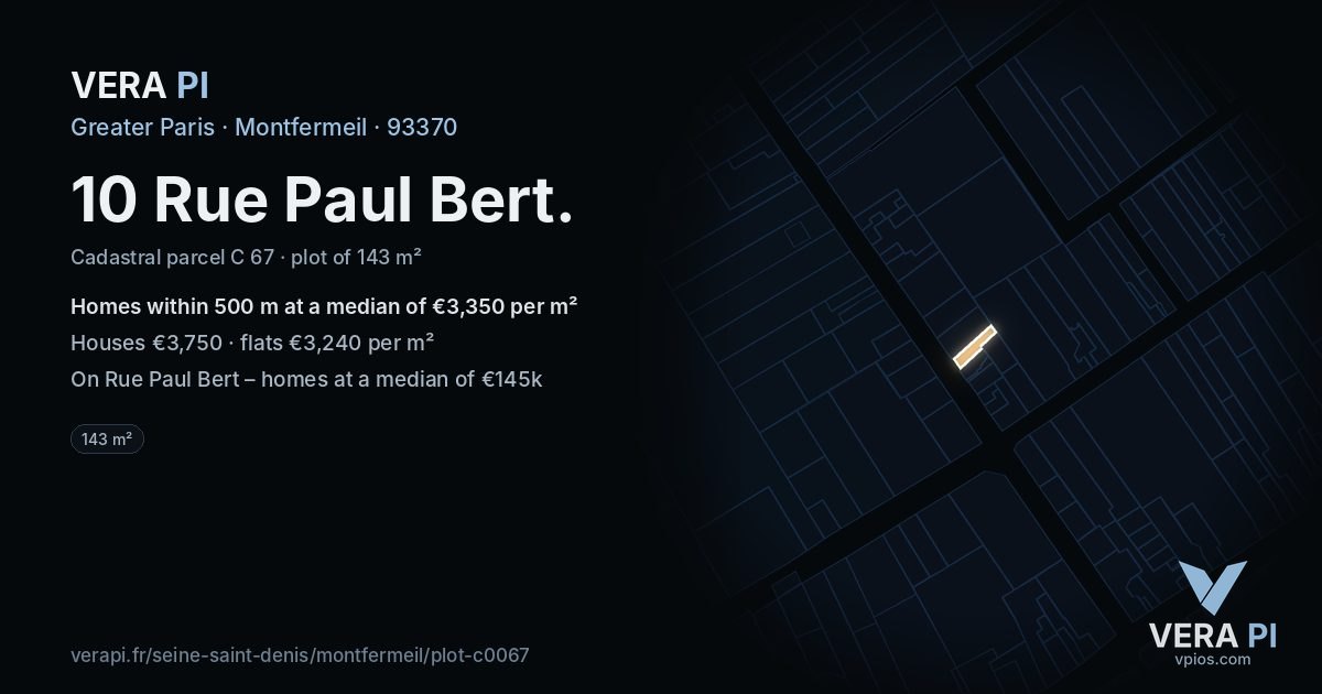 10 Rue Paul Bert, Montfermeil at night – the plot lit, the parcels around coloured by the prices near them