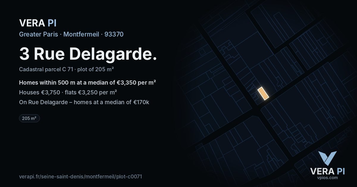 3 Rue Delagarde, Montfermeil at night – the plot lit, the parcels around coloured by the prices near them