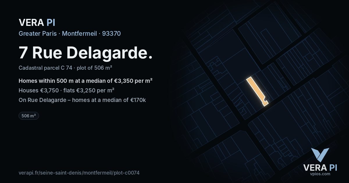7 Rue Delagarde, Montfermeil at night – the plot lit, the parcels around coloured by the prices near them