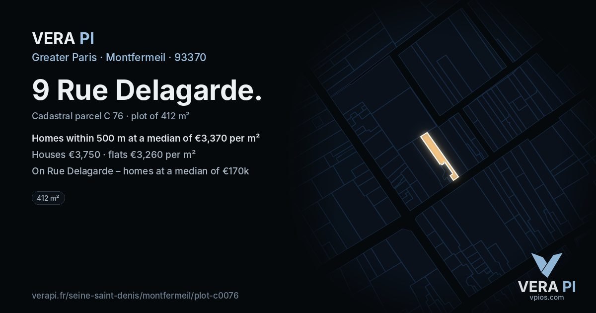 9 Rue Delagarde, Montfermeil at night – the plot lit, the parcels around coloured by the prices near them