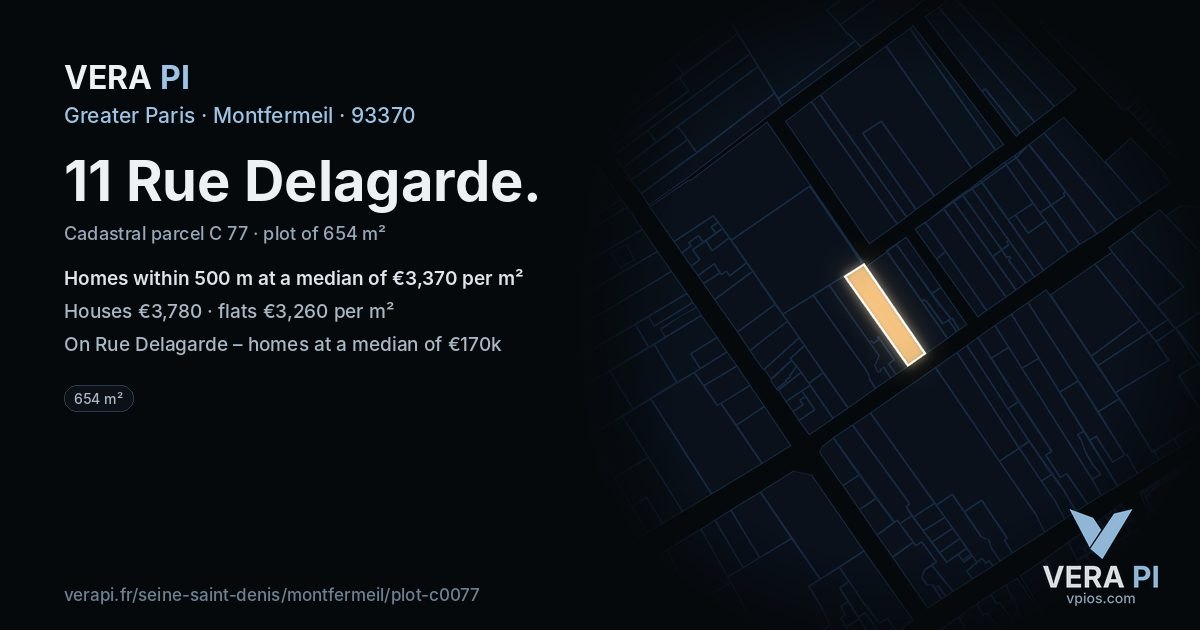11 Rue Delagarde, Montfermeil at night – the plot lit, the parcels around coloured by the prices near them