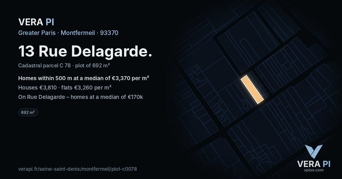 13 Rue Delagarde, Montfermeil at night – the plot lit, the parcels around coloured by the prices near them