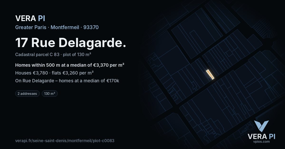 17 Rue Delagarde, Montfermeil at night – the plot lit, the parcels around coloured by the prices near them