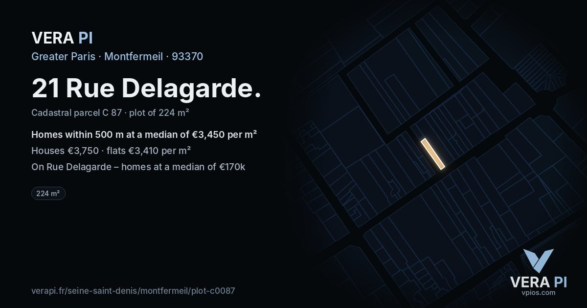 21 Rue Delagarde, Montfermeil at night – the plot lit, the parcels around coloured by the prices near them