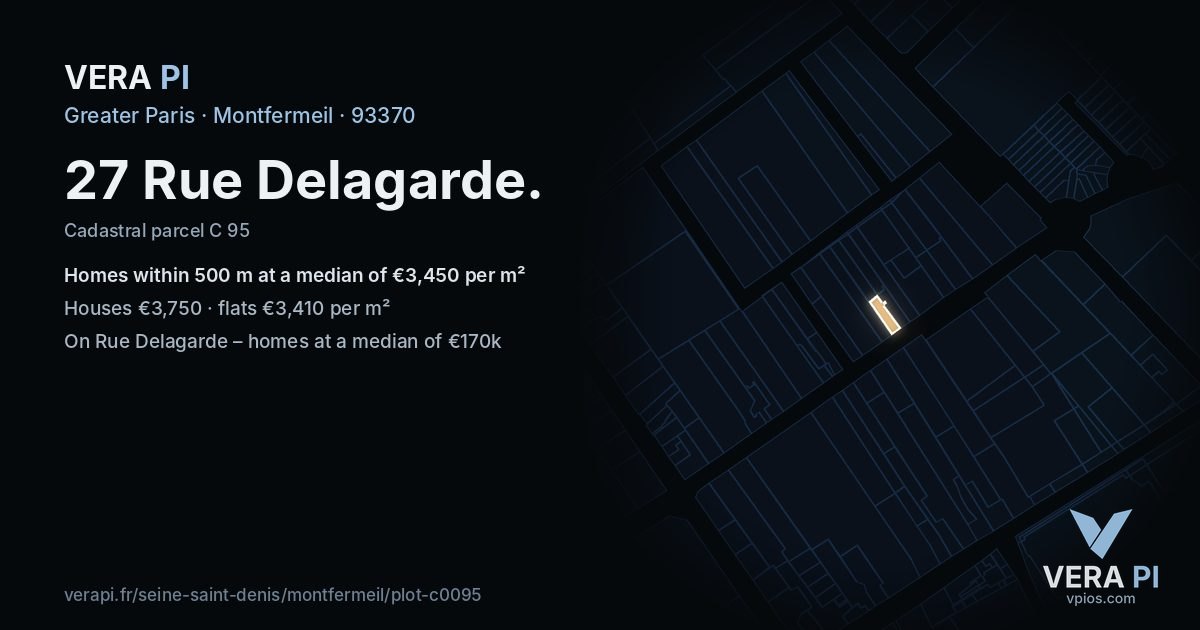 27 Rue Delagarde, Montfermeil at night – the plot lit, the parcels around coloured by the prices near them