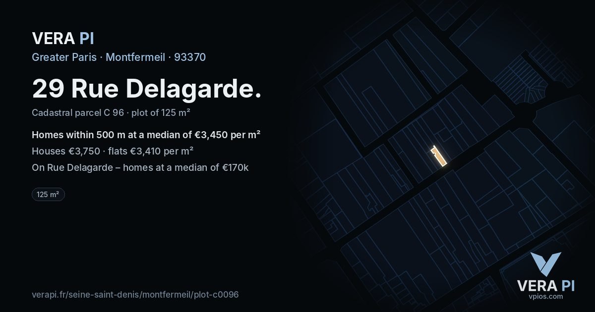 29 Rue Delagarde, Montfermeil at night – the plot lit, the parcels around coloured by the prices near them