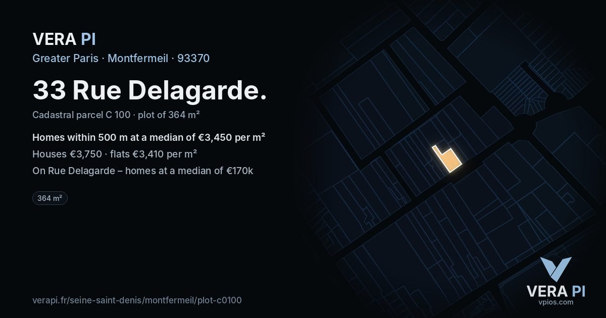 33 Rue Delagarde, Montfermeil at night – the plot lit, the parcels around coloured by the prices near them
