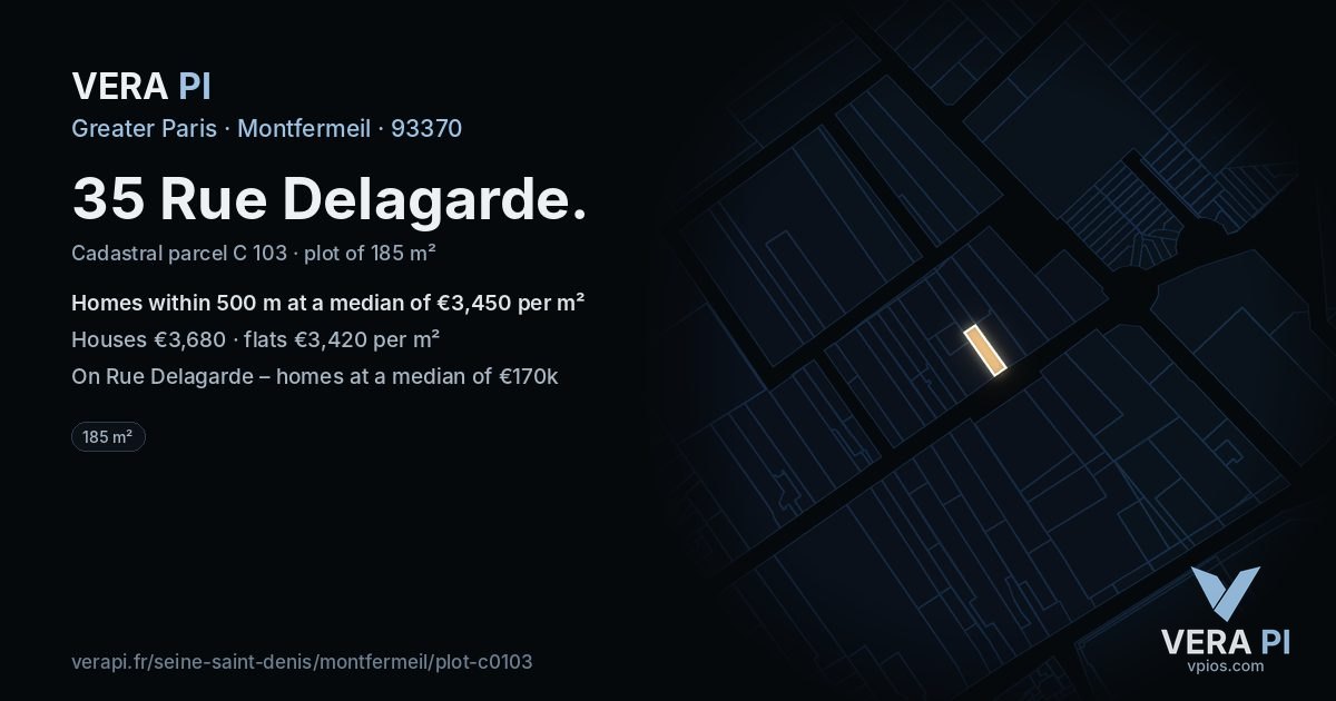 35 Rue Delagarde, Montfermeil at night – the plot lit, the parcels around coloured by the prices near them