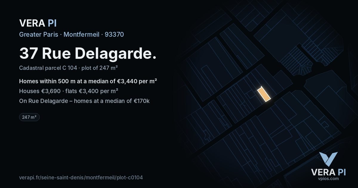 37 Rue Delagarde, Montfermeil at night – the plot lit, the parcels around coloured by the prices near them