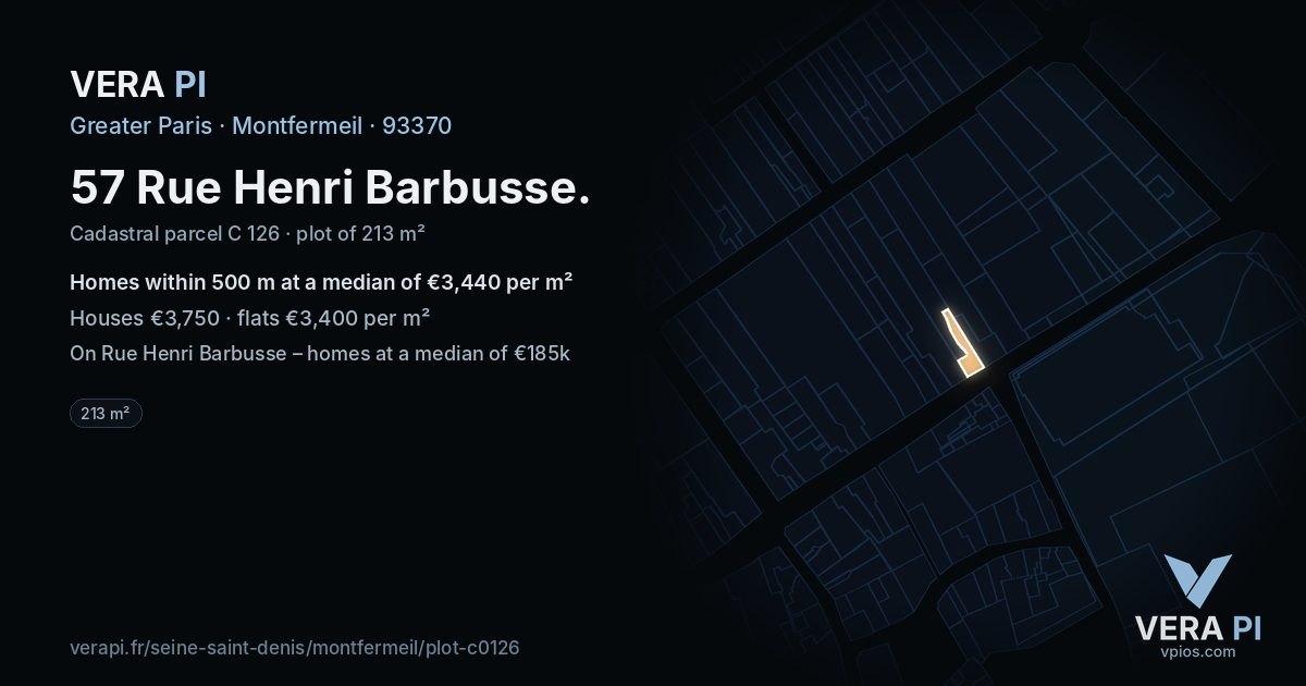 57 Rue Henri Barbusse, Montfermeil at night – the plot lit, the parcels around coloured by the prices near them