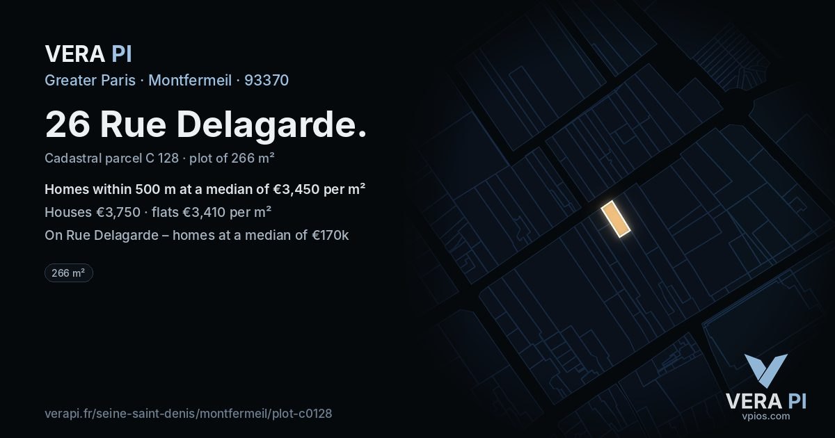 26 Rue Delagarde, Montfermeil at night – the plot lit, the parcels around coloured by the prices near them