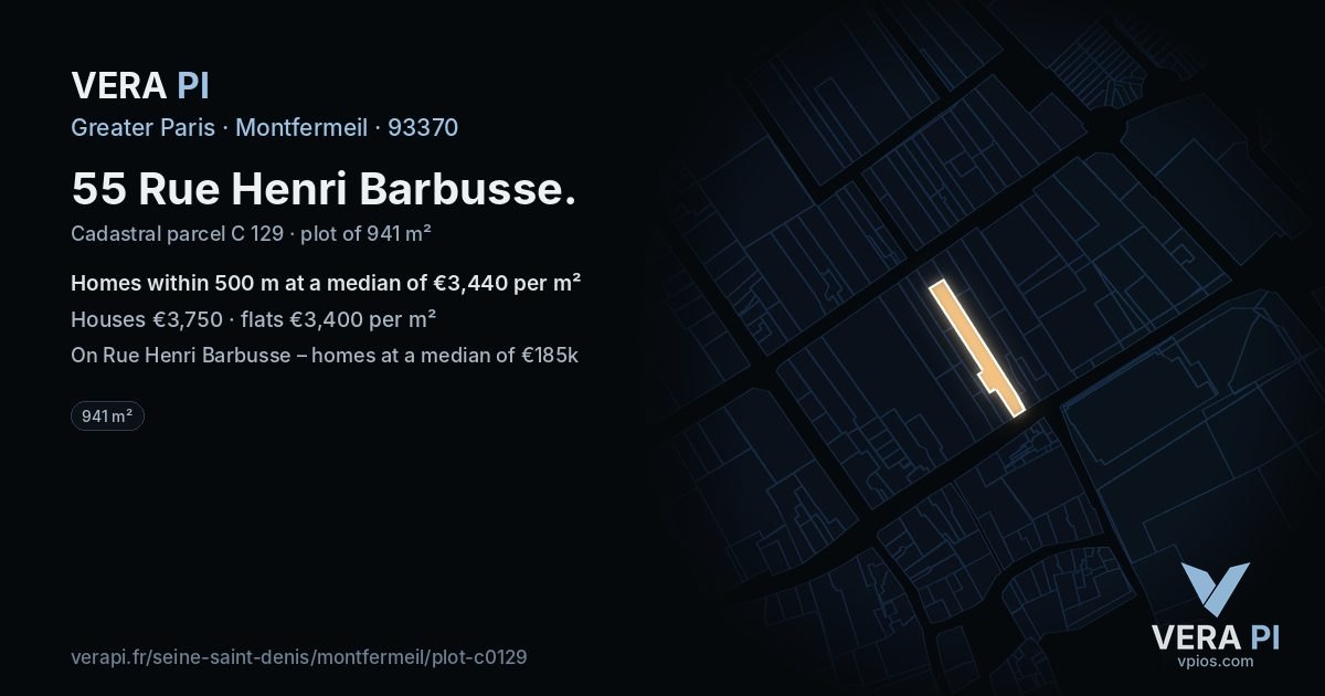 55 Rue Henri Barbusse, Montfermeil at night – the plot lit, the parcels around coloured by the prices near them